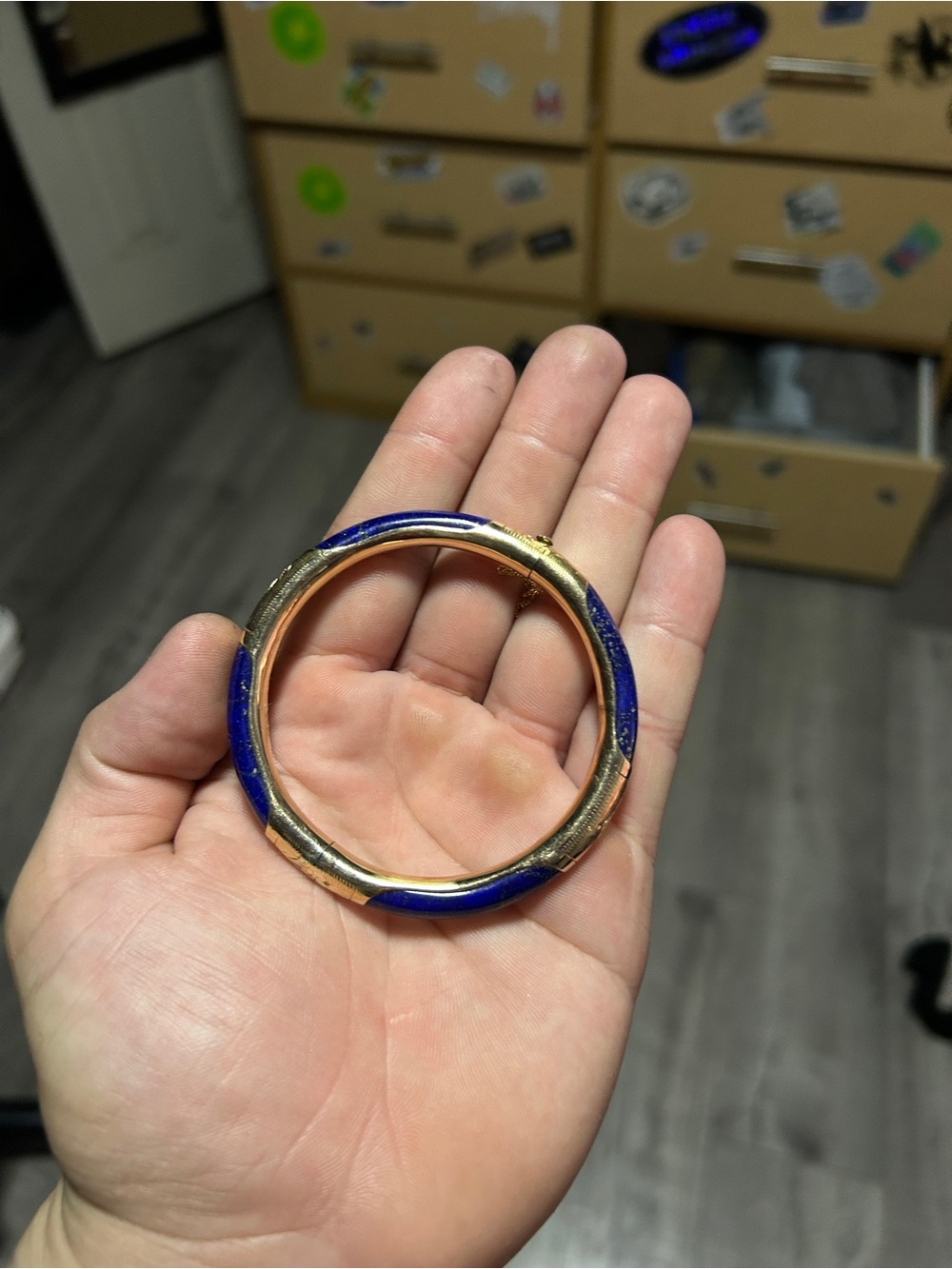 14k Yellow Gold Blue Lapis Engraved Bangle Bracelet Heavy Hinge 18.4 Grams 7"